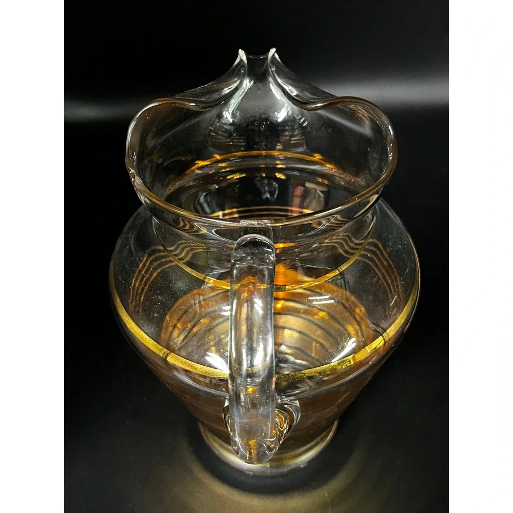 Vtg 1940s MCM Glass Ice Lip Pitcher‎ Gold Stripe Barware Drinkware 11